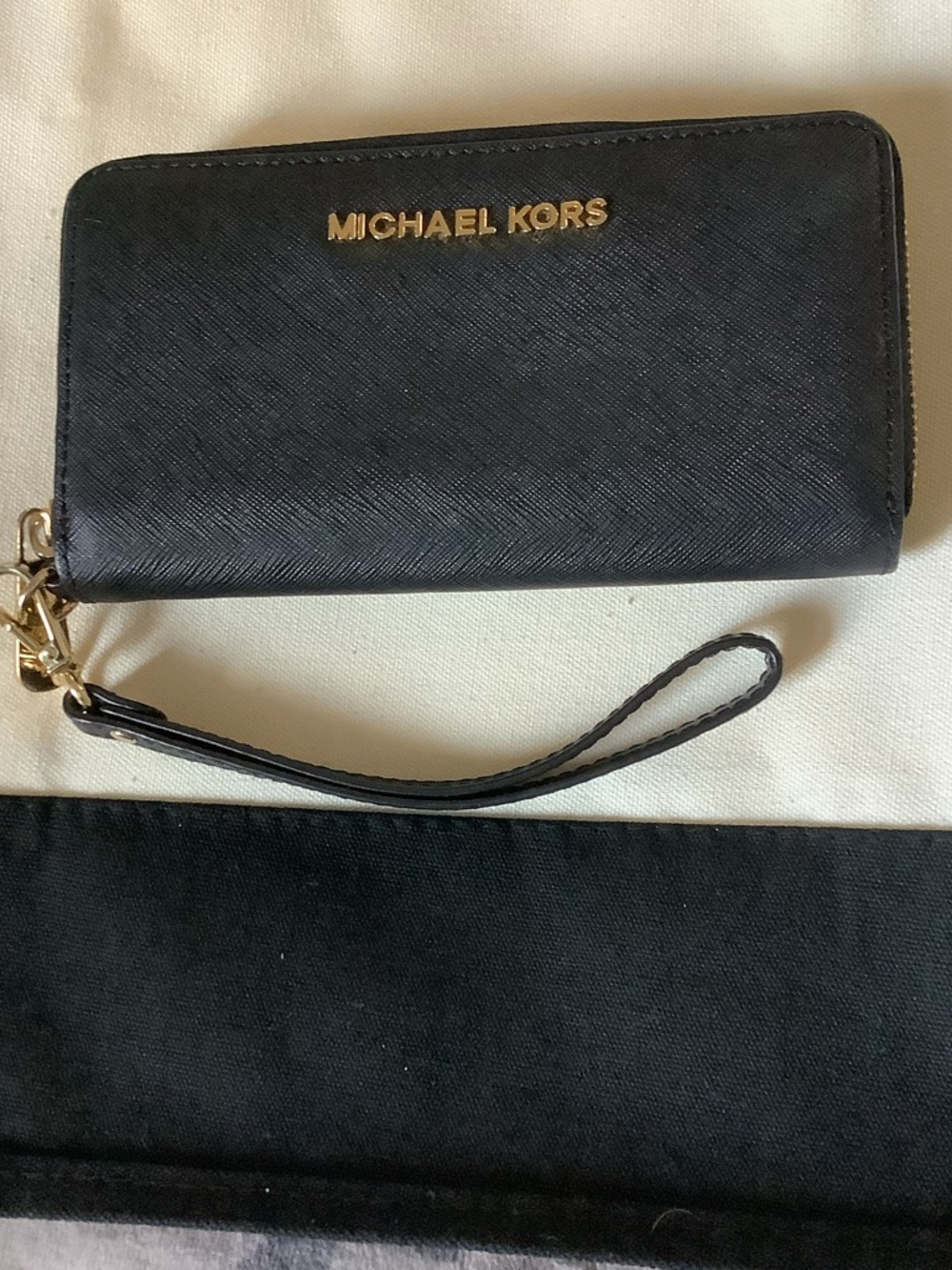 Michael Kors Black Saffiano Zip Wristlet with Gold Logo